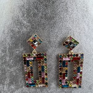 Beautiful Vintage Style Square Drop Earrings set with multi-coloured Gemstones