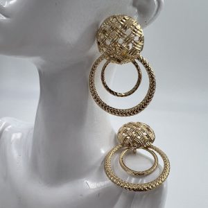 Gold plated drop earrings textured circular design with two interlinked hoops with textured pattern 1piece-colour Gold