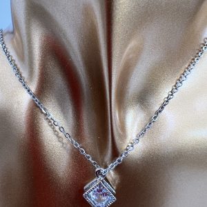 10 inch square pendant necklace with clear stone colour silver