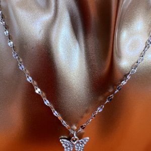 10 inch necklace butterfly rhinestone pendant colour silver