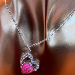 9 inch necklace heart shaped double heart pendant colour silver and pink