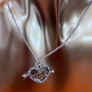 8 inch necklace, Heart shaped love pendant colour silver