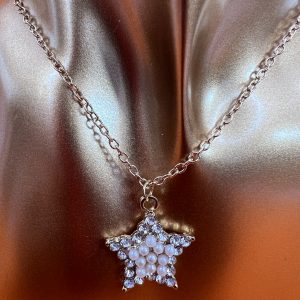 9 inch link chain star design with gemstones and faux pearls