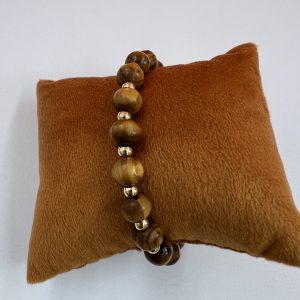 Light brown wooden beans bracelet with small yellow gold balls