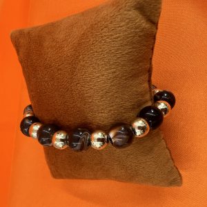 Brown marble round beads bracelet with small yellow gold beads