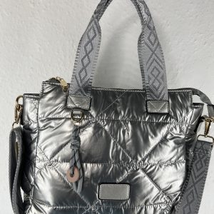 Metallic silver puffer tote bag