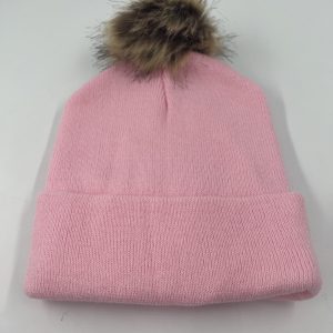 Pink wooly hat with pom pom on top