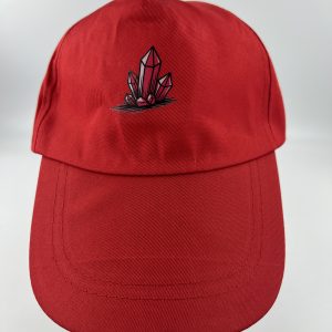 Red baseball cap with design