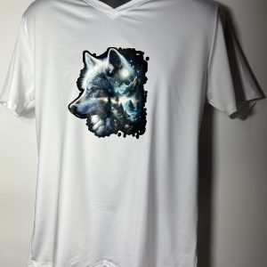 wolf forest and night sky v neck white T shirt large everyday comfort