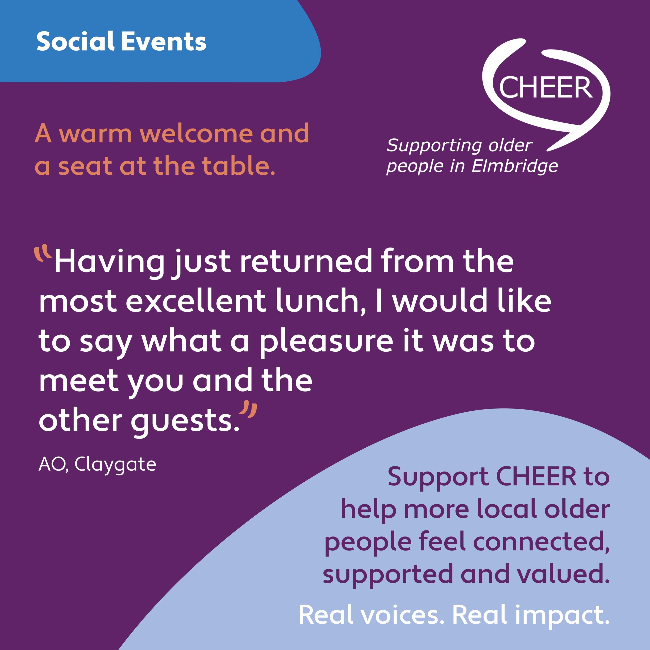 A shared meal, a friendly face and a chance to connect can make all the difference. CHEER’s events bring local older people together to enjoy companionship, conversation and a real sense of belonging. Small moments of connection can have a lasting impact.

Find out more about CHEER’s events: cheer-elmbridge.org.uk/our-services/events/
You too can help older people in Elmbridge feel connected and supported:
Donate: cheer-elmbridge.org.uk/support-us
Volunteer: cheer-elmbridge.org.uk/volunteer-with-us

#CHEER #CommunityConnection #OlderPeople #LocalSupport