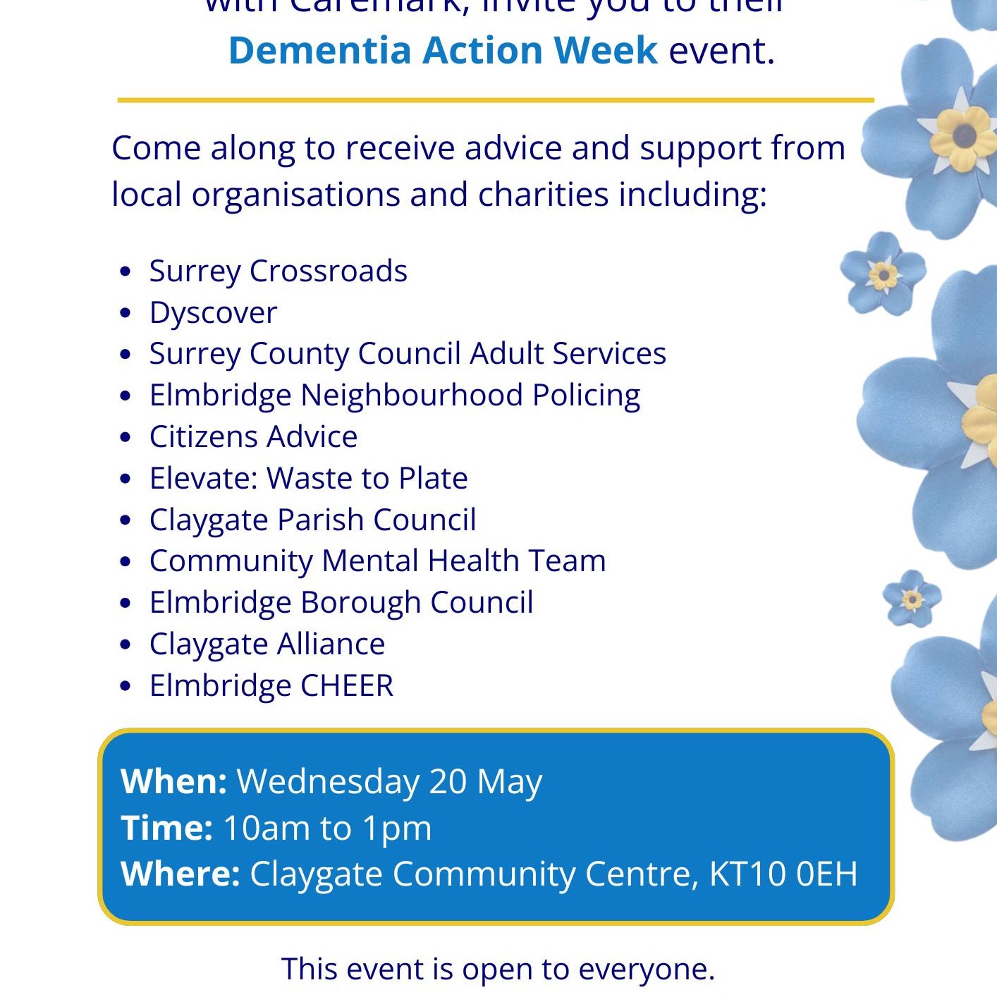 We’re pleased to share that CHEER will be taking part in a special community event for Dementia Action Week, hosted by @elmbridgebc BC Dementia Services in partnership with @caremarkltd 

Our own Janis Fletcher will be representing CHEER on the day, alongside a range of local organisations and charities offering advice, support and information for people living with dementia, their families and carers.

📅 Wednesday 20 May
🕙 10am – 1pm
📍 Claygate Centre for the Community, KT10 0EH

This free drop-in event is a great opportunity to ask questions, connect with local services and learn more about the support available in the community.

No booking is required – we’d love to see you there!

@alzheimerssoc