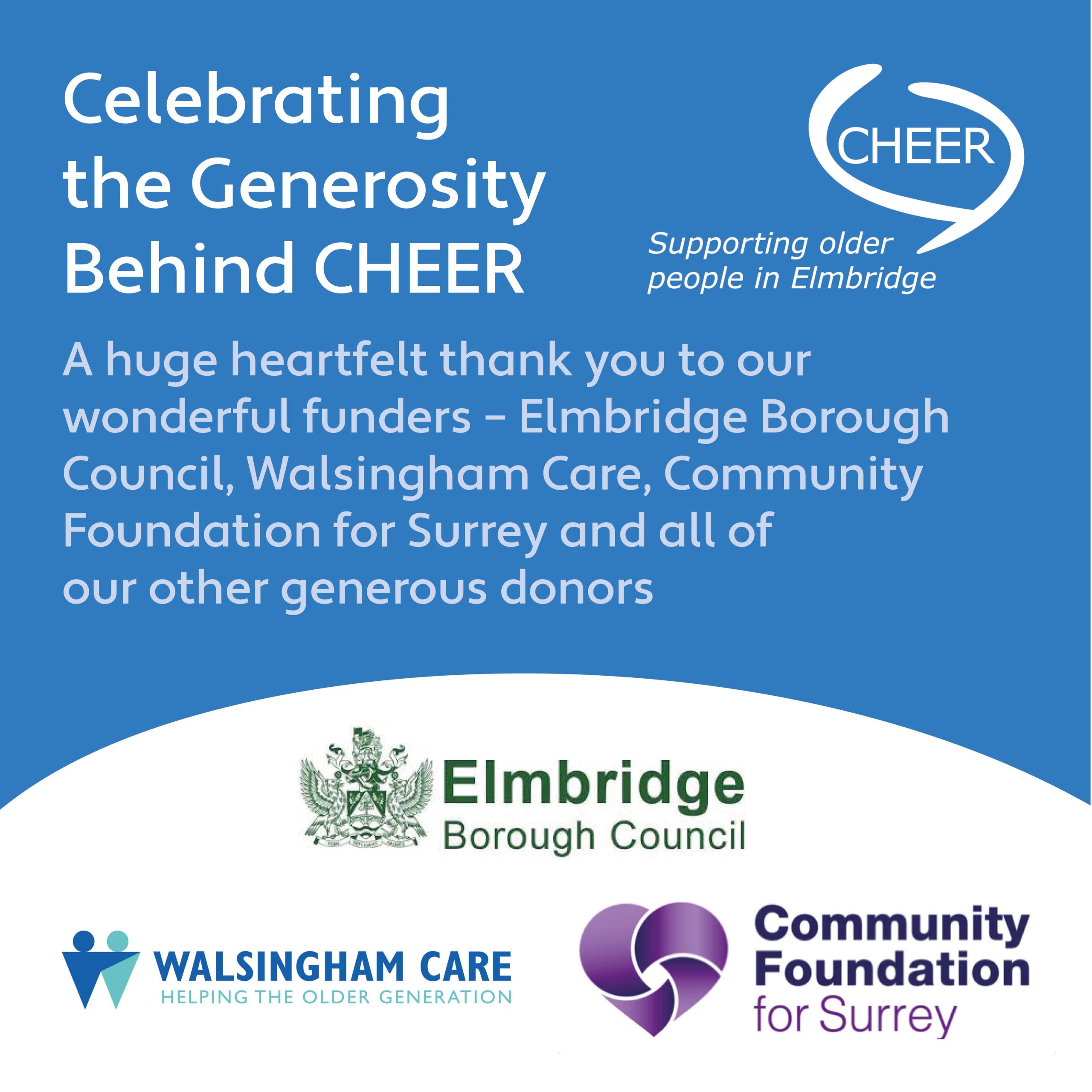 CHEER is truly grateful to @elmbridgebc, Walsingham Care and @cfsurrey plus other donors large and small. Your support means so much to us and makes a real difference in helping CHEER continue its important work in the community. We are truly grateful for your kindness, commitment, and belief in what we do.
 
You too can help older people in Elmbridge feel connected and supported:
Donate: cheer-elmbridge.org.uk/donate
Volunteer: cheer-elmbridge.org.uk/volunteer
Thank you for being part of the CHEER journey!
#ThankYou #CommunitySupport #CHEER #Gratitude #MakingADifference
